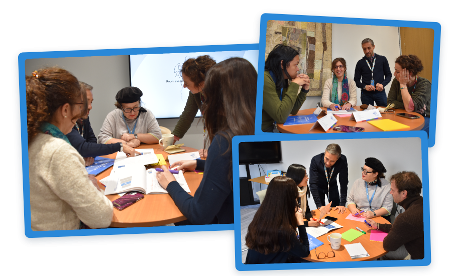Three photographs of CLM course participants working together around tables during learning sessions